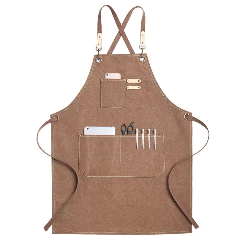 Kitchen Apron Heavy Duty Canvas Barber Work Aprons Unisex Cross Straps Adjustable Salon Hairdresser Bib PU Leather Apron for Men