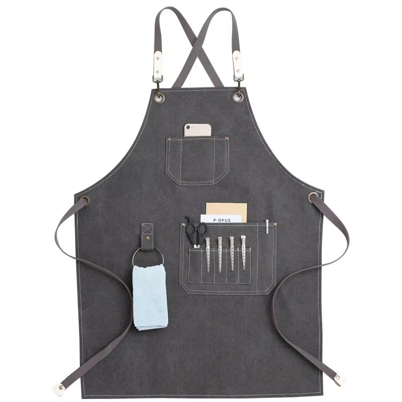Kitchen Apron Heavy Duty Canvas Barber Work Aprons Unisex Cross Straps Adjustable Salon Hairdresser Bib PU Leather Apron for Men