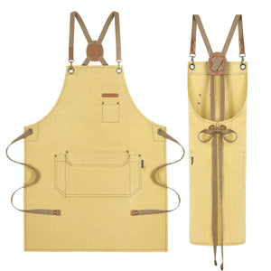 Canvas Work Apron for Artist Bartender Barista Carpenter Gardener Hairstylist, Cross Back Strap Adjustable for Men Women Apron with Large Pocket, Chef Apron for Kitchen Cooking Baking Grilling -Yello