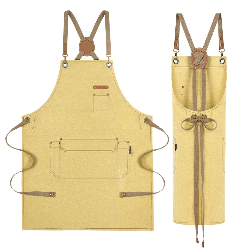 Canvas Work Apron for Artist Bartender Barista Carpenter Gardener Hairstylist, Cross Back Strap Adjustable for Men Women Apron with Large Pocket, Chef Apron for Kitchen Cooking Baking Grilling -Yello