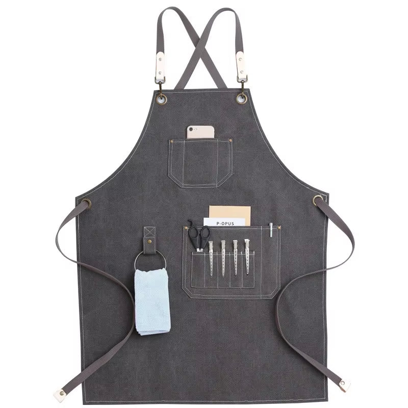 Kitchen Apron Heavy Duty Canvas Barber Work Aprons Unisex Cross Straps Adjustable Salon Hairdresser Bib PU Leather Apron for Men