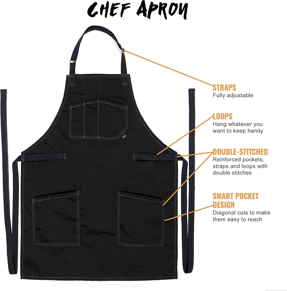 Chef Apron – Professional Black Twill – Cotton Straps - Smart Pockets - Adjustable for Men and Women – Pro Chef, Cook, Kitchen, Baker, Barista, Bartender, Server Aprons