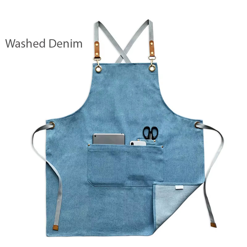 Kitchen Apron Heavy Duty Canvas Barber Work Aprons Unisex Cross Straps Adjustable Salon Hairdresser Bib PU Leather Apron for Men