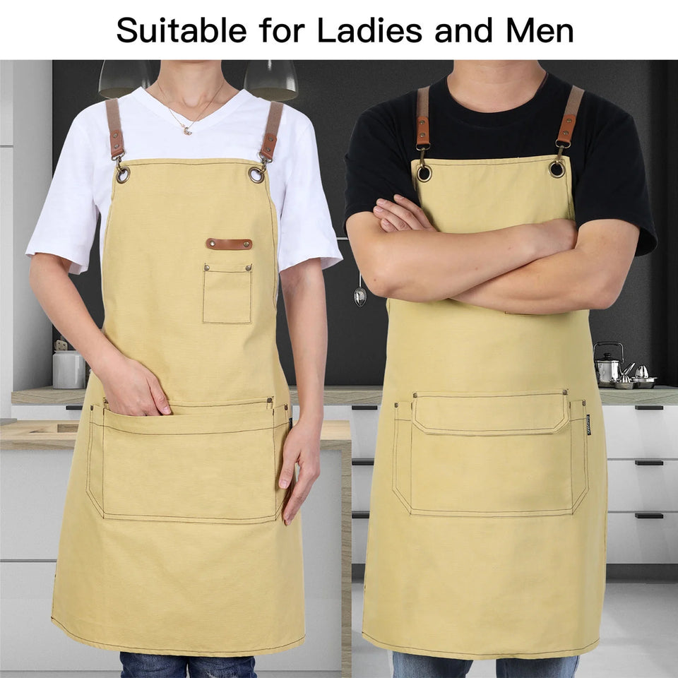 Canvas Work Apron for Artist Bartender Barista Carpenter Gardener Hairstylist, Cross Back Strap Adjustable for Men Women Apron with Large Pocket, Chef Apron for Kitchen Cooking Baking Grilling -Yello