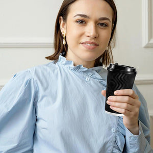 16 Oz Paper Cups with Lids,Disposable Insulated to Go Cup,Ripple Double Wall,Black 100 Count
