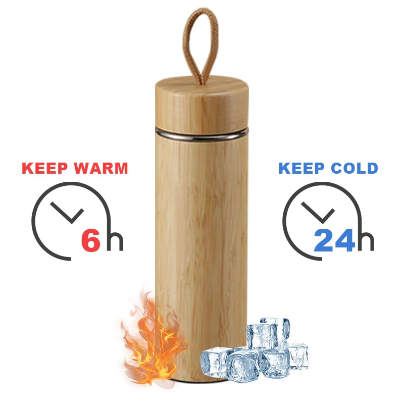 Vanuat BAMBOO CRAFT THERMOS Cup Double Wall Vacuum Coffee Tumbler Tea Mug Handle Insulated Stainless Steel Water Beverage Bottle Dispenser Slate Matte Para Café Collection (15.1 ounces)