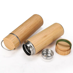 Vanuat BAMBOO CRAFT THERMOS Cup Double Wall Vacuum Coffee Tumbler Tea Mug Handle Insulated Stainless Steel Water Beverage Bottle Dispenser Slate Matte Para Café Collection (15.1 ounces)