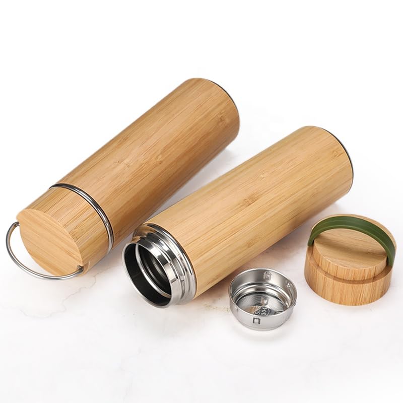 Vanuat BAMBOO CRAFT THERMOS Cup Double Wall Vacuum Coffee Tumbler Tea Mug Handle Insulated Stainless Steel Water Beverage Bottle Dispenser Slate Matte Para Café Collection (15.1 ounces)