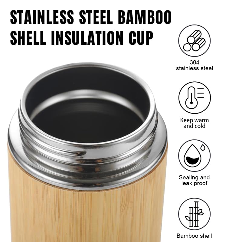 Vanuat BAMBOO CRAFT THERMOS Cup Double Wall Vacuum Coffee Tumbler Tea Mug Handle Insulated Stainless Steel Water Beverage Bottle Dispenser Slate Matte Para Café Collection (15.1 ounces)