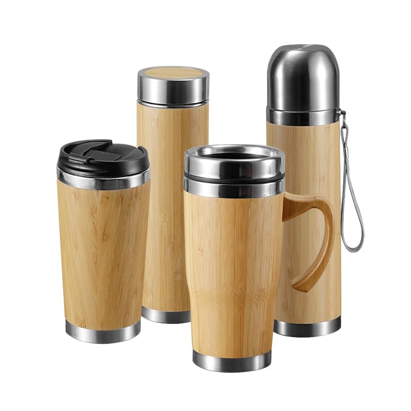 Vanuat BAMBOO CRAFT THERMOS Cup Double Wall Vacuum Coffee Tumbler Tea Mug Handle Insulated Stainless Steel Water Beverage Bottle Dispenser Slate Matte Para Café Collection (15.1 ounces)
