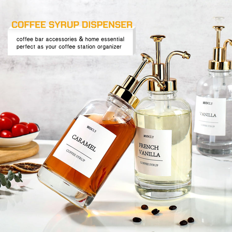 Coffee Bar Accessories, Coffee Syrup Dispenser - 4Pack,16.9Oz Syrup Dispenser with Labels,Syrup Pump Dispenser for Coffee Bar(Gold Pump)