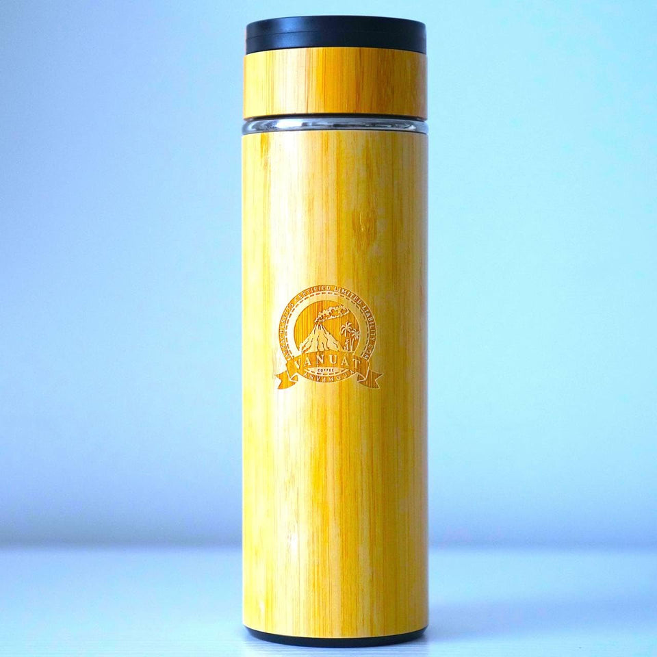 Vanuat BAMBOO CRAFT THERMOS Cup Double Wall Vacuum Coffee Tumbler Tea Mug Handle Insulated Stainless Steel Water Beverage Bottle Dispenser Slate Matte Para Café Collection (15.1 ounces)