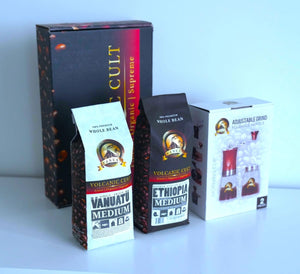 GIFTBOX MEDIUM ROAST Whole Bean COFFEE KIT SET Volcanic Organic Cult Vanuat Supreme Finest Artisan Beans for Drip Coffee Cold Brew Espresso French Press   (32 ounces, Vanuatu+Brazil+Grind)