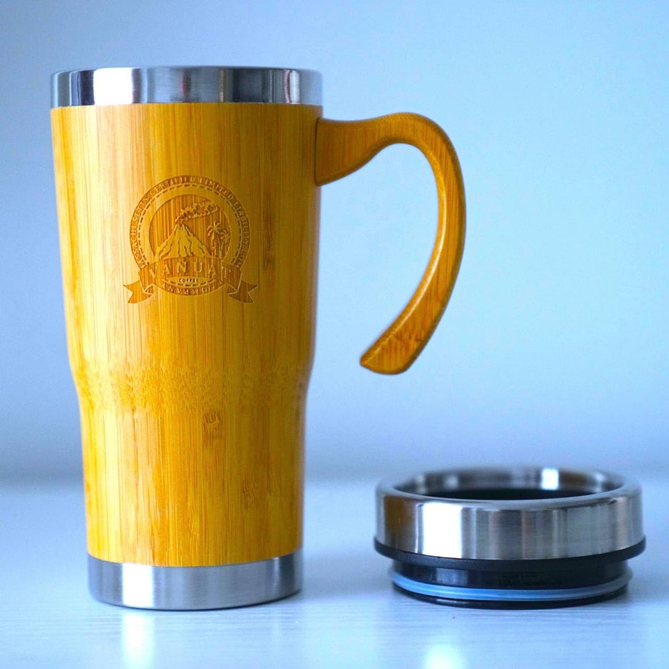 Vanuat BAMBOO CRAFT THERMOS Cup Double Wall Vacuum Coffee Tumbler Tea Mug Handle Insulated Stainless Steel Water Beverage Bottle Dispenser Slate Matte Para Café Collection (15.1 ounces)