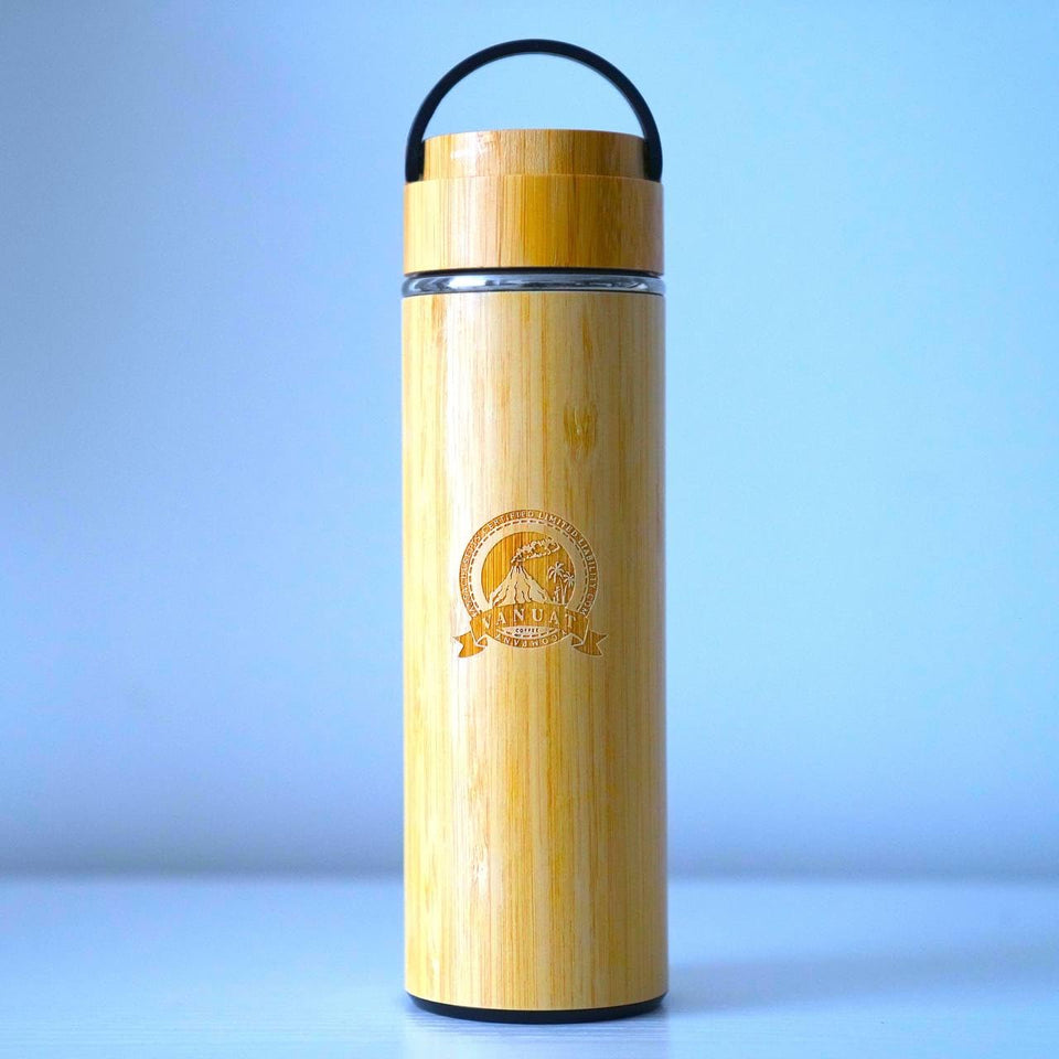 Vanuat BAMBOO CRAFT THERMOS Cup Double Wall Vacuum Coffee Tumbler Tea Mug Handle Insulated Stainless Steel Water Beverage Bottle Dispenser Slate Matte Para Café Collection (15.1 ounces)