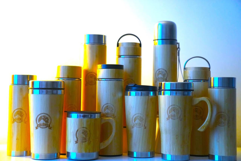 Vanuat BAMBOO CRAFT THERMOS Cup Double Wall Vacuum Coffee Tumbler Tea Mug Handle Insulated Stainless Steel Water Beverage Bottle Dispenser Slate Matte Para Café Collection (15.1 ounces)