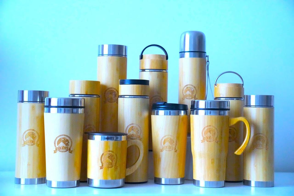 Vanuat BAMBOO CRAFT THERMOS Cup Double Wall Vacuum Coffee Tumbler Tea Mug Handle Insulated Stainless Steel Water Beverage Bottle Dispenser Slate Matte Para Café Collection (15.1 ounces)
