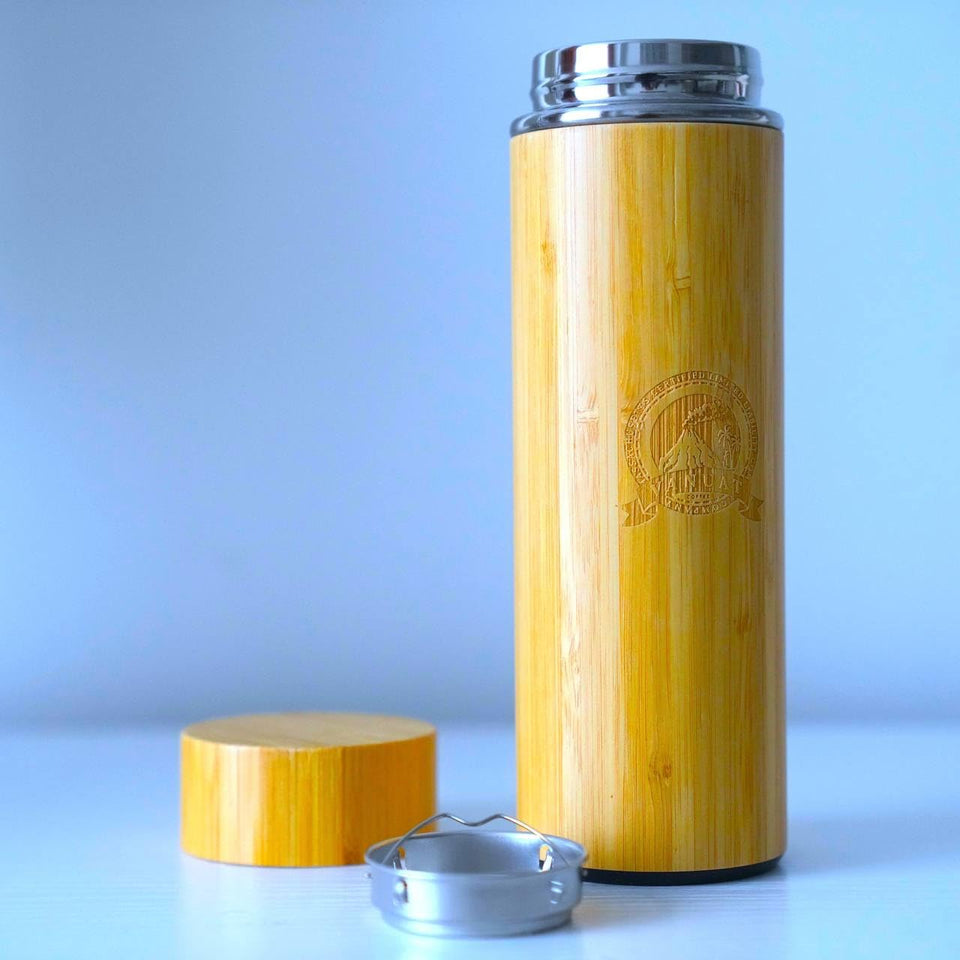 Vanuat BAMBOO CRAFT THERMOS Cup Double Wall Vacuum Coffee Tumbler Tea Mug Handle Insulated Stainless Steel Water Beverage Bottle Dispenser Slate Matte Para Café Collection (15.1 ounces)