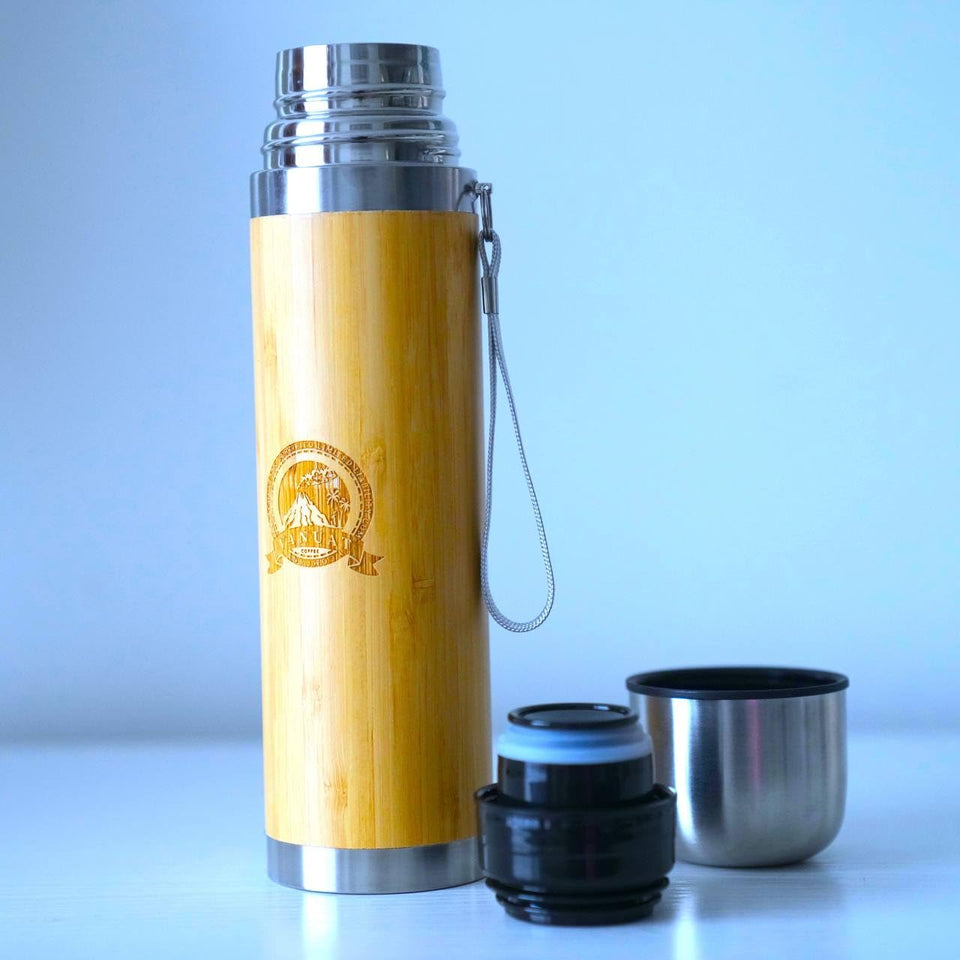 Vanuat BAMBOO CRAFT THERMOS Cup Double Wall Vacuum Coffee Tumbler Tea Mug Handle Insulated Stainless Steel Water Beverage Bottle Dispenser Slate Matte Para Café Collection (15.1 ounces)