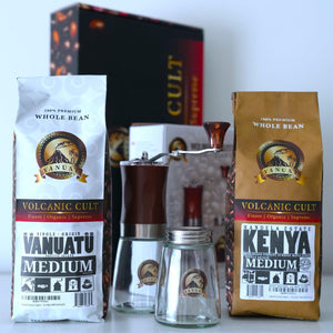 GIFTBOX MEDIUM ROAST Whole Bean COFFEE KIT SET Volcanic Organic Cult Vanuat Supreme Finest Artisan Beans for Drip Coffee Cold Brew Espresso French Press   (32 ounces, Vanuatu+Brazil+Grind)