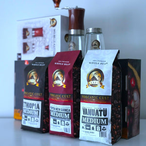 GIFTBOX MEDIUM ROAST Whole Bean COFFEE KIT SET Volcanic Organic Cult Vanuat Supreme Finest Artisan Beans for Drip Coffee Cold Brew Espresso French Press   (32 ounces, Vanuatu+Brazil+Grind)