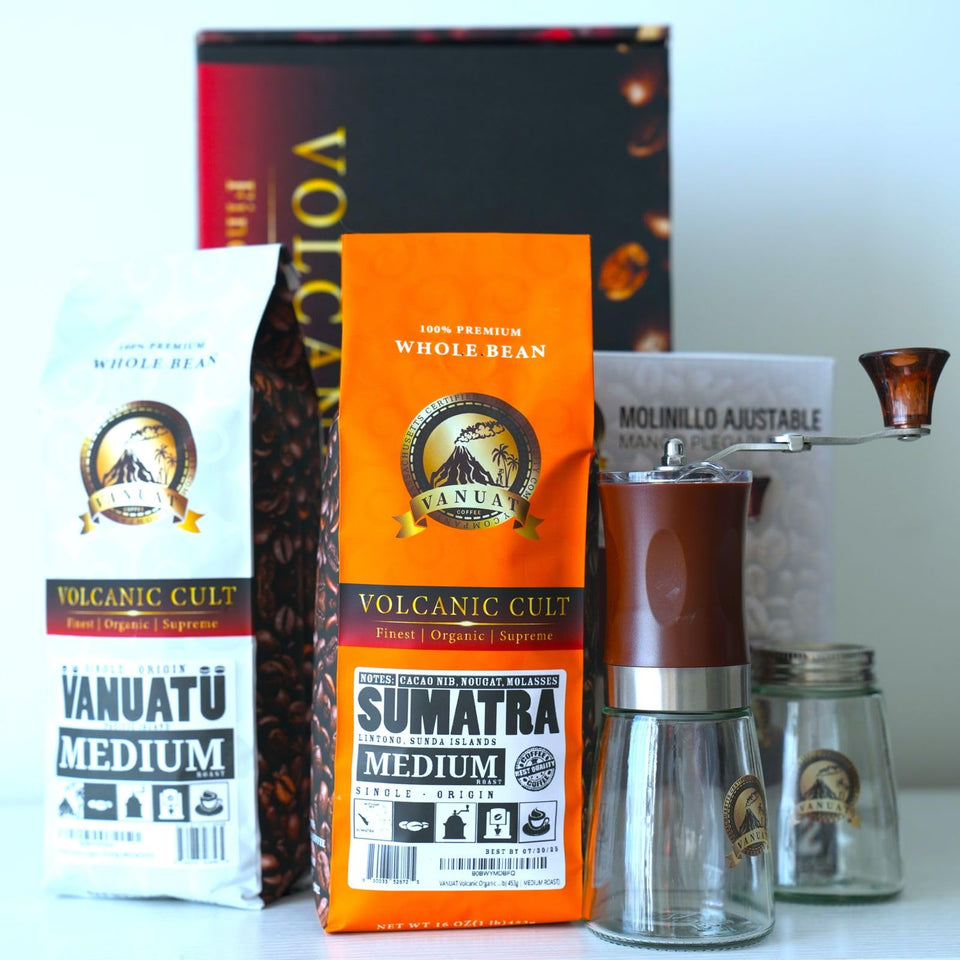 GIFTBOX MEDIUM ROAST Whole Bean COFFEE KIT SET Volcanic Organic Cult Vanuat Supreme Finest Artisan Beans for Drip Coffee Cold Brew Espresso French Press   (32 ounces, Vanuatu+Brazil+Grind)