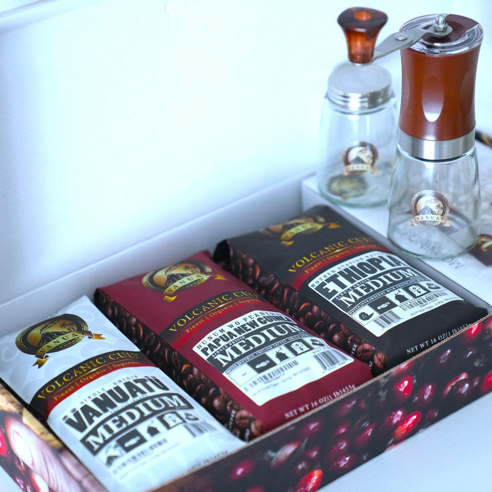 GIFTBOX MEDIUM ROAST Whole Bean COFFEE KIT SET Volcanic Organic Cult Vanuat Supreme Finest Artisan Beans for Drip Coffee Cold Brew Espresso French Press   (32 ounces, Vanuatu+Brazil+Grind)
