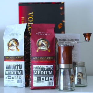 GIFTBOX MEDIUM ROAST Whole Bean COFFEE KIT SET Volcanic Organic Cult Vanuat Supreme Finest Artisan Beans for Drip Coffee Cold Brew Espresso French Press   (32 ounces, Vanuatu+Brazil+Grind)