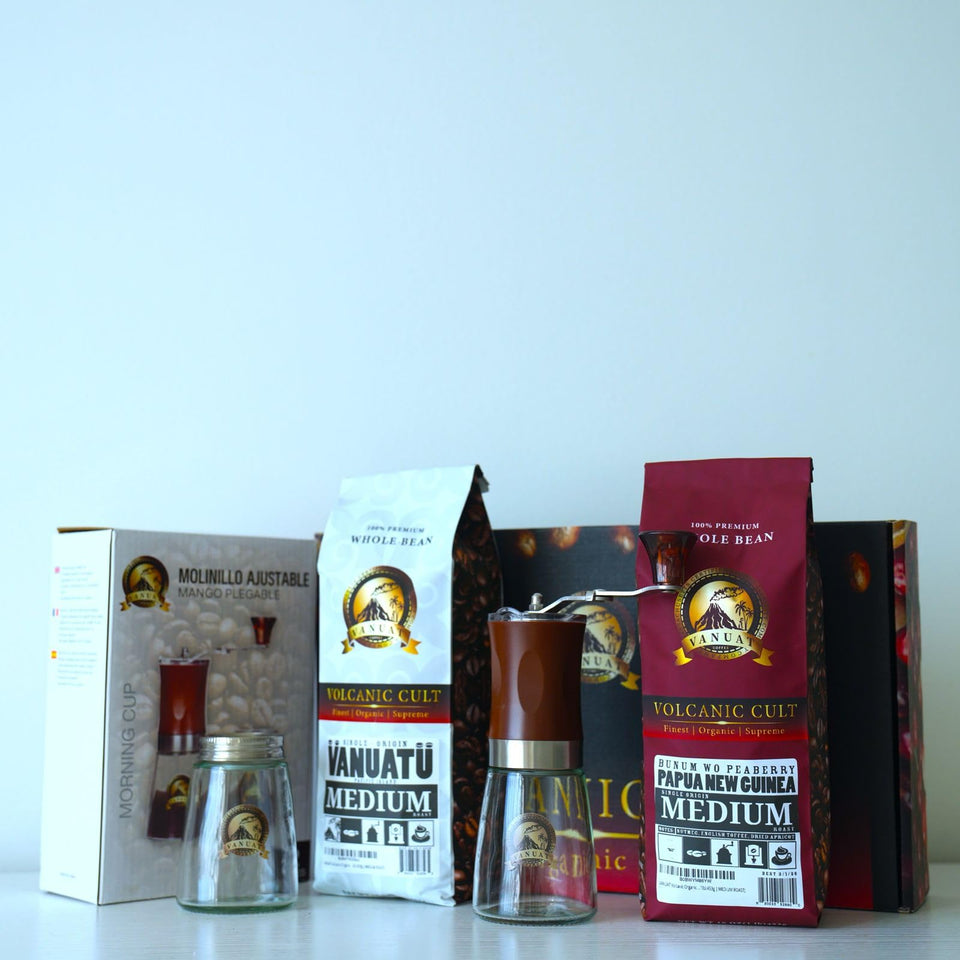 GIFTBOX MEDIUM ROAST Whole Bean COFFEE KIT SET Volcanic Organic Cult Vanuat Supreme Finest Artisan Beans for Drip Coffee Cold Brew Espresso French Press   (32 ounces, Vanuatu+Brazil+Grind)