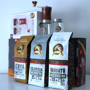 GIFTBOX MEDIUM ROAST Whole Bean COFFEE KIT SET Volcanic Organic Cult Vanuat Supreme Finest Artisan Beans for Drip Coffee Cold Brew Espresso French Press   (32 ounces, Vanuatu+Brazil+Grind)