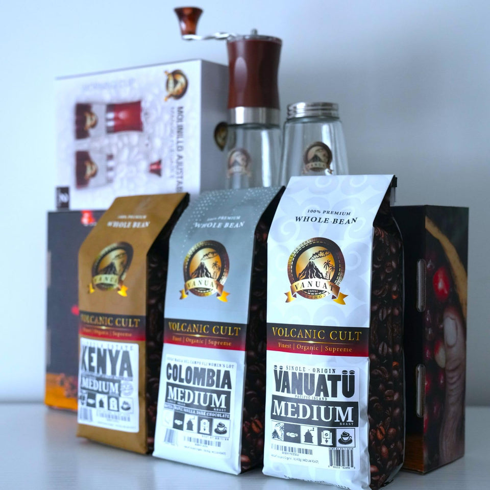 GIFTBOX MEDIUM ROAST Whole Bean COFFEE KIT SET Volcanic Organic Cult Vanuat Supreme Finest Artisan Beans for Drip Coffee Cold Brew Espresso French Press   (32 ounces, Vanuatu+Brazil+Grind)