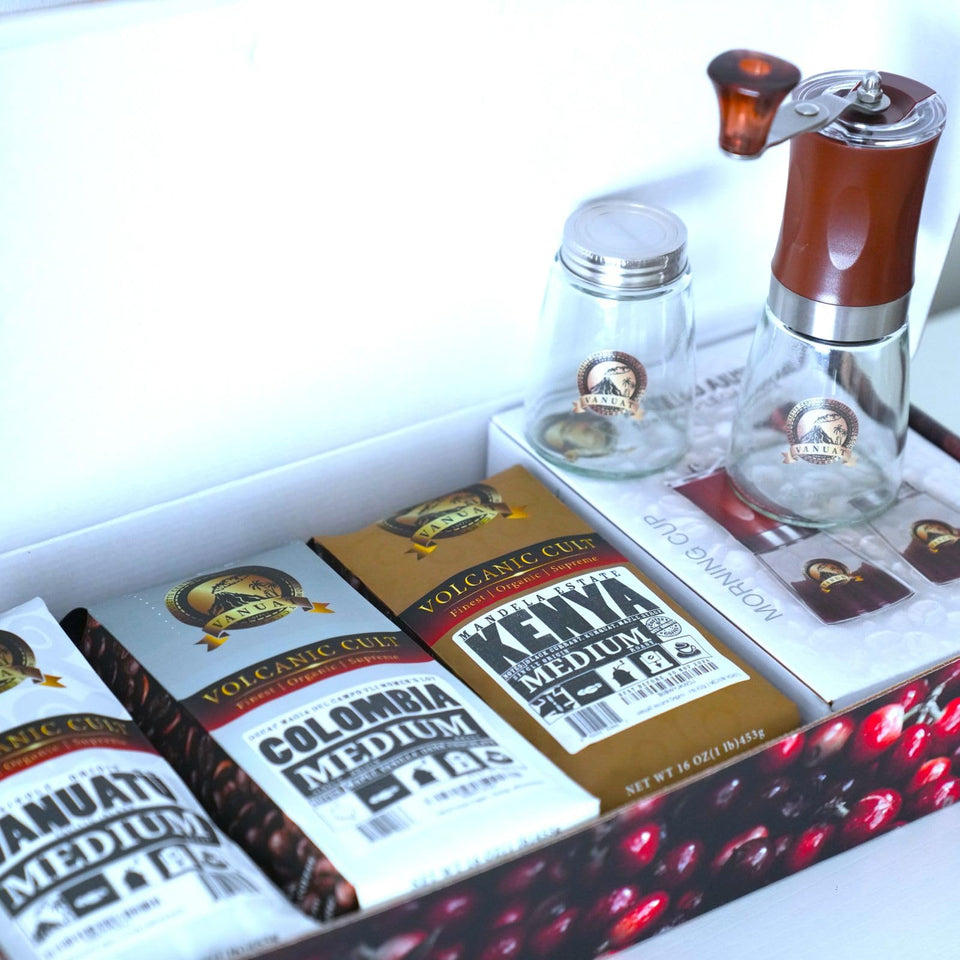 GIFTBOX MEDIUM ROAST Whole Bean COFFEE KIT SET Volcanic Organic Cult Vanuat Supreme Finest Artisan Beans for Drip Coffee Cold Brew Espresso French Press   (32 ounces, Vanuatu+Brazil+Grind)
