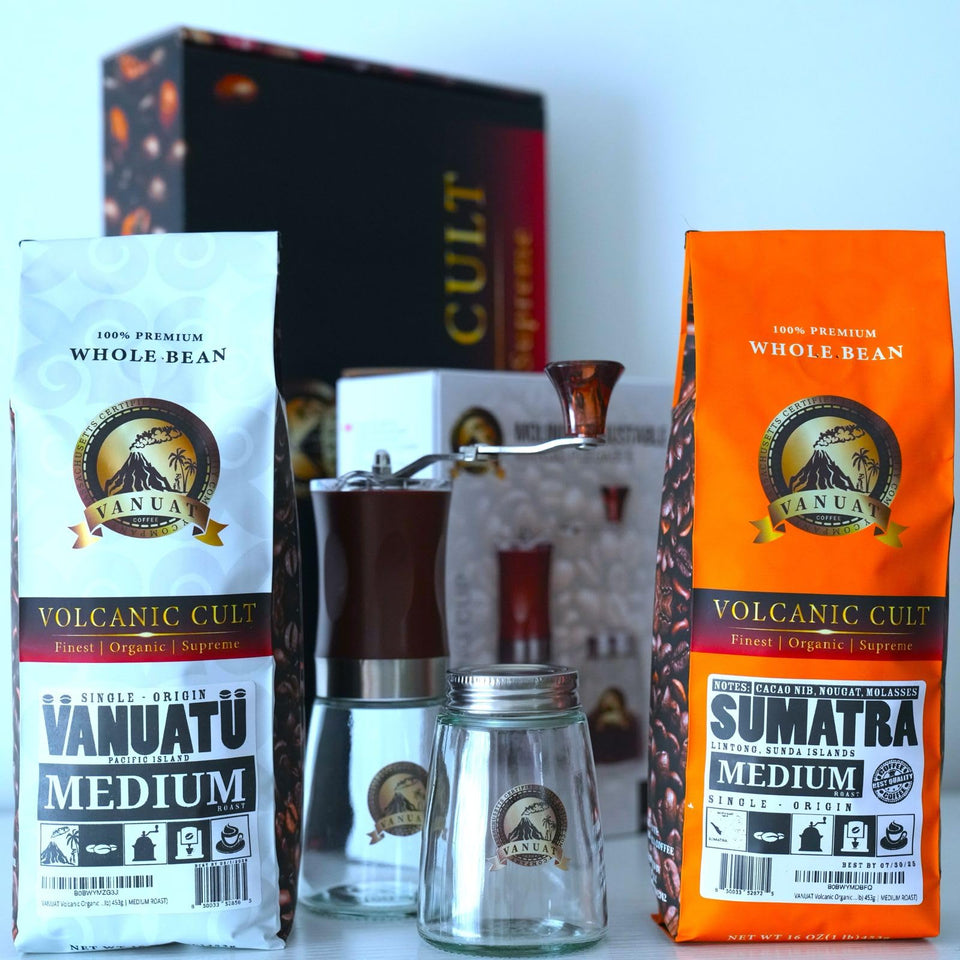 GIFTBOX MEDIUM ROAST Whole Bean COFFEE KIT SET Volcanic Organic Cult Vanuat Supreme Finest Artisan Beans for Drip Coffee Cold Brew Espresso French Press   (32 ounces, Vanuatu+Brazil+Grind)