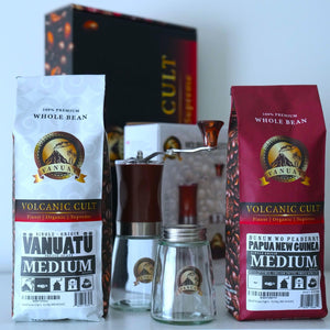 GIFTBOX MEDIUM ROAST Whole Bean COFFEE KIT SET Volcanic Organic Cult Vanuat Supreme Finest Artisan Beans for Drip Coffee Cold Brew Espresso French Press   (32 ounces, Vanuatu+Brazil+Grind)