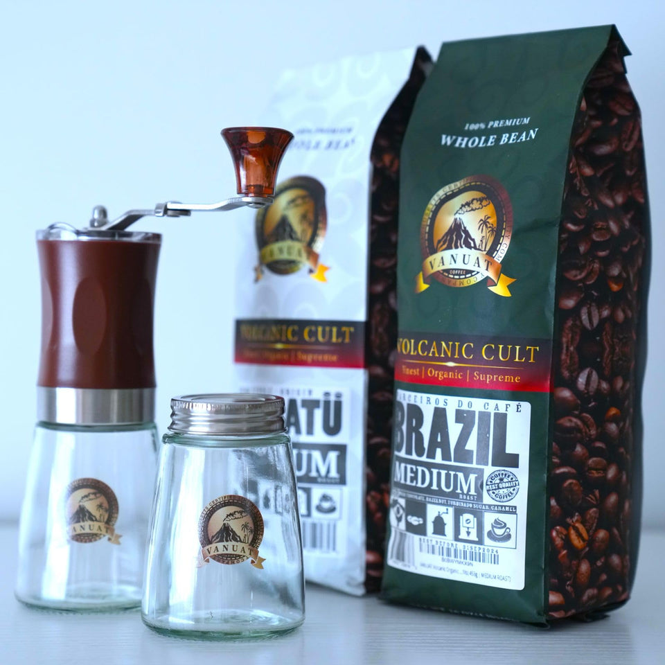 GIFTBOX MEDIUM ROAST Whole Bean COFFEE KIT SET Volcanic Organic Cult Vanuat Supreme Finest Artisan Beans for Drip Coffee Cold Brew Espresso French Press   (32 ounces, Vanuatu+Brazil+Grind)