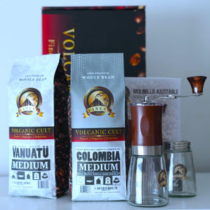 GIFTBOX MEDIUM ROAST Whole Bean COFFEE KIT SET Volcanic Organic Cult Vanuat Supreme Finest Artisan Beans for Drip Coffee Cold Brew Espresso French Press   (32 ounces, Vanuatu+Brazil+Grind)