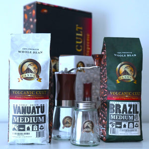 GIFTBOX MEDIUM ROAST Whole Bean COFFEE KIT SET Volcanic Organic Cult Vanuat Supreme Finest Artisan Beans for Drip Coffee Cold Brew Espresso French Press   (32 ounces, Vanuatu+Brazil+Grind)