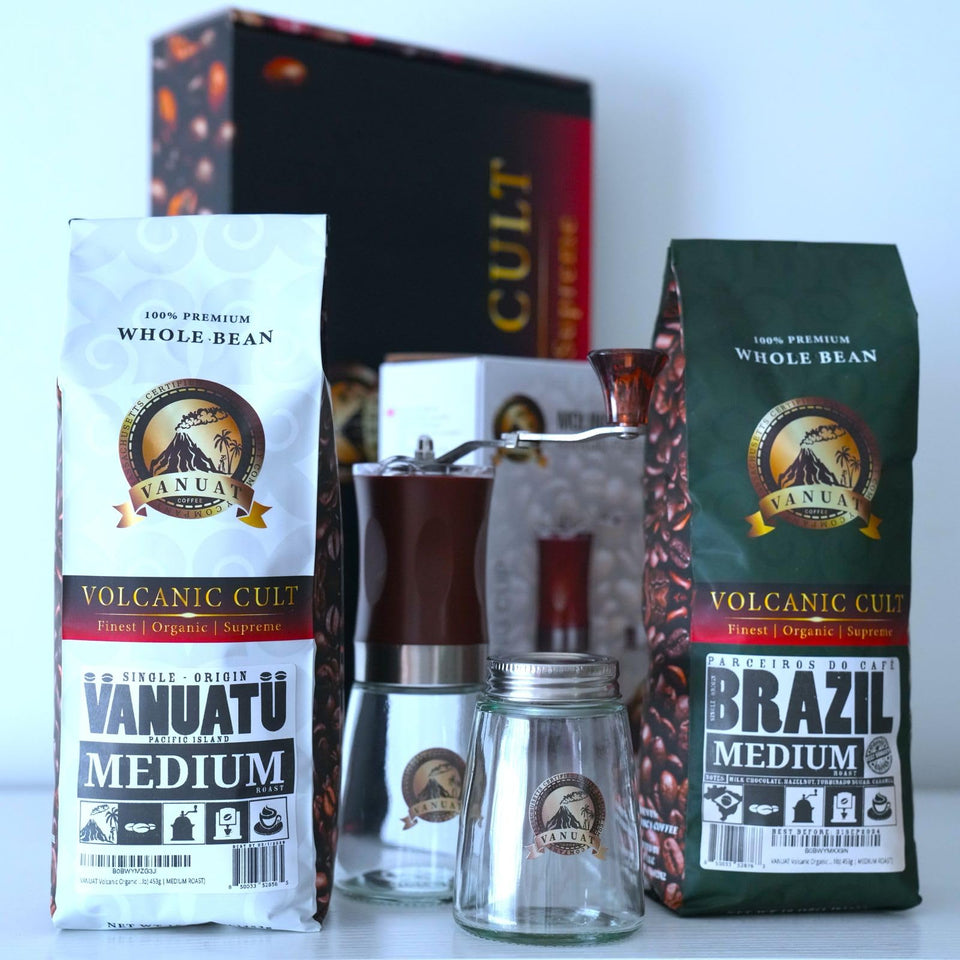 GIFTBOX MEDIUM ROAST Whole Bean COFFEE KIT SET Volcanic Organic Cult Vanuat Supreme Finest Artisan Beans for Drip Coffee Cold Brew Espresso French Press   (32 ounces, Vanuatu+Brazil+Grind)