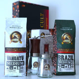 GIFTBOX MEDIUM ROAST Whole Bean COFFEE KIT SET Volcanic Organic Cult Vanuat Supreme Finest Artisan Beans for Drip Coffee Cold Brew Espresso French Press   (32 ounces, Vanuatu+Brazil+Grind)