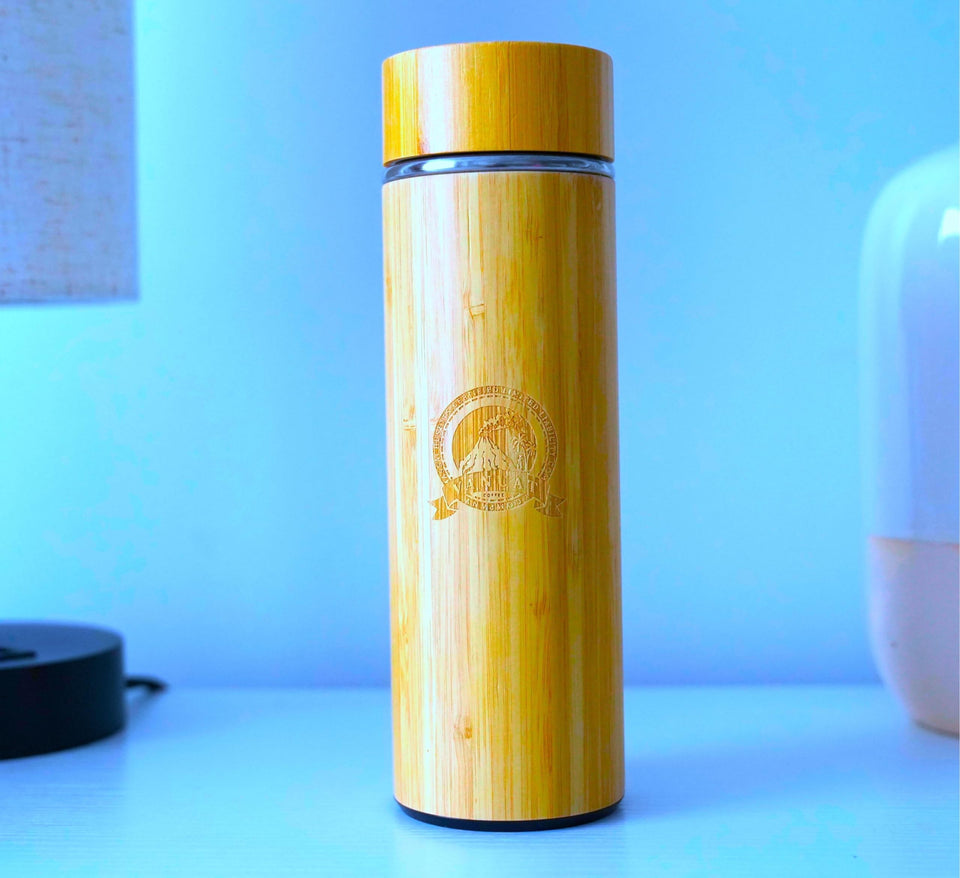 Vanuat BAMBOO CRAFT THERMOS Cup Double Wall Vacuum Coffee Tumbler Tea Mug Handle Insulated Stainless Steel Water Beverage Bottle Dispenser Slate Matte Para Café Collection (15.1 ounces)