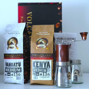 GIFTBOX MEDIUM ROAST Whole Bean COFFEE KIT SET Volcanic Organic Cult Vanuat Supreme Finest Artisan Beans for Drip Coffee Cold Brew Espresso French Press   (32 ounces, Vanuatu+Brazil+Grind)