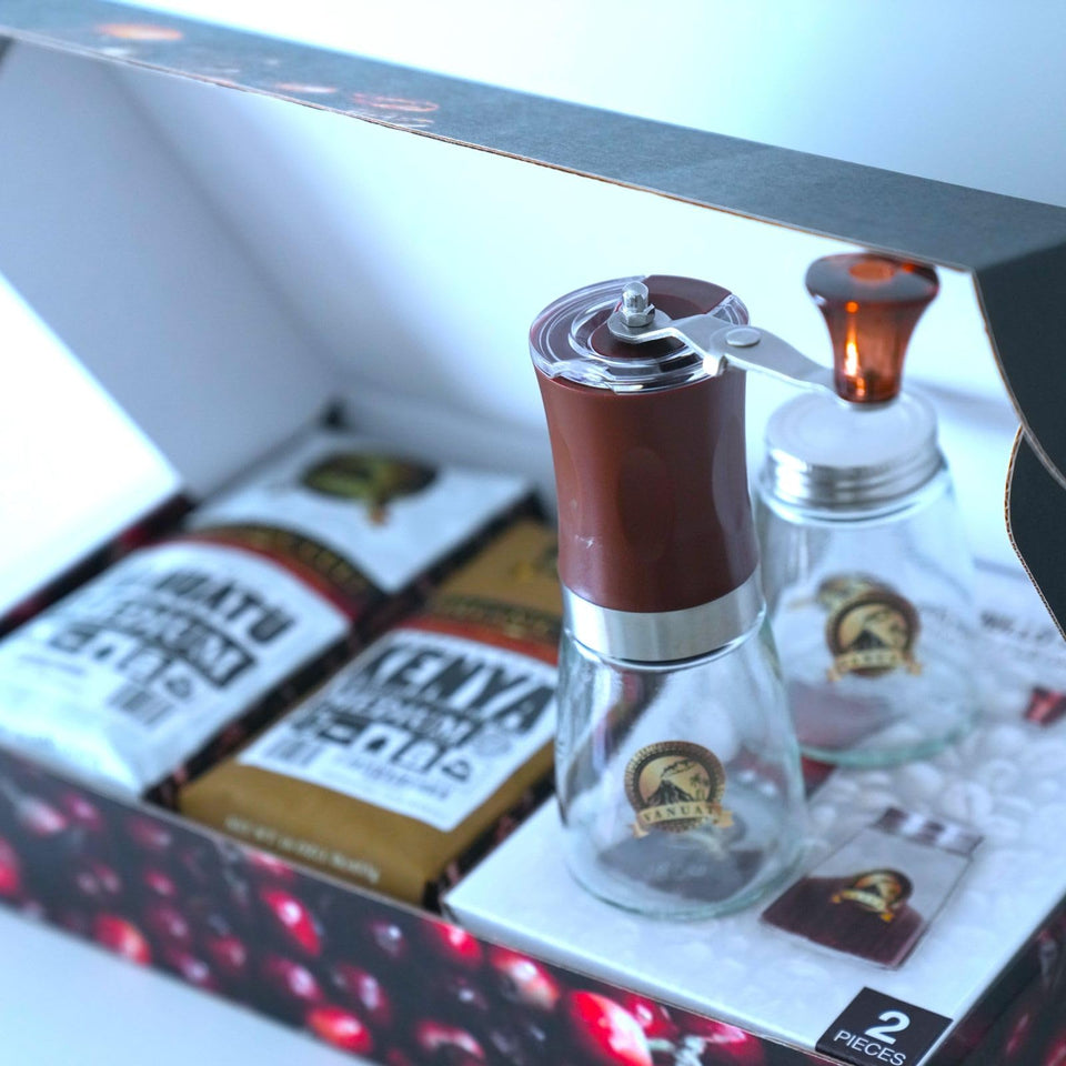 GIFTBOX MEDIUM ROAST Whole Bean COFFEE KIT SET Volcanic Organic Cult Vanuat Supreme Finest Artisan Beans for Drip Coffee Cold Brew Espresso French Press   (32 ounces, Vanuatu+Brazil+Grind)
