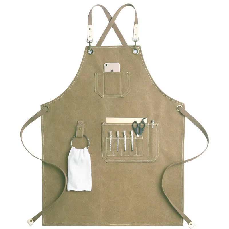 Kitchen Apron Heavy Duty Canvas Barber Work Aprons Unisex Cross Straps Adjustable Salon Hairdresser Bib PU Leather Apron for Men