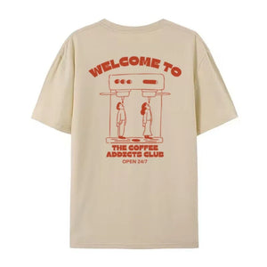 Coffee Addicts Club Graphic T-Shirt for Women Retro Streetwear Barista Tee Unisex Hippie Style Funny Coffee Lover Top