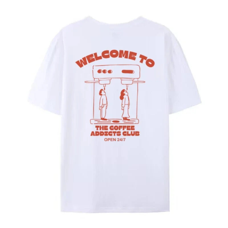 Coffee Addicts Club Graphic T-Shirt for Women Retro Streetwear Barista Tee Unisex Hippie Style Funny Coffee Lover Top