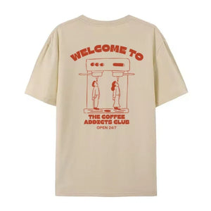 Coffee Addicts Club Graphic T-Shirt for Women Retro Streetwear Barista Tee Unisex Hippie Style Funny Coffee Lover Top