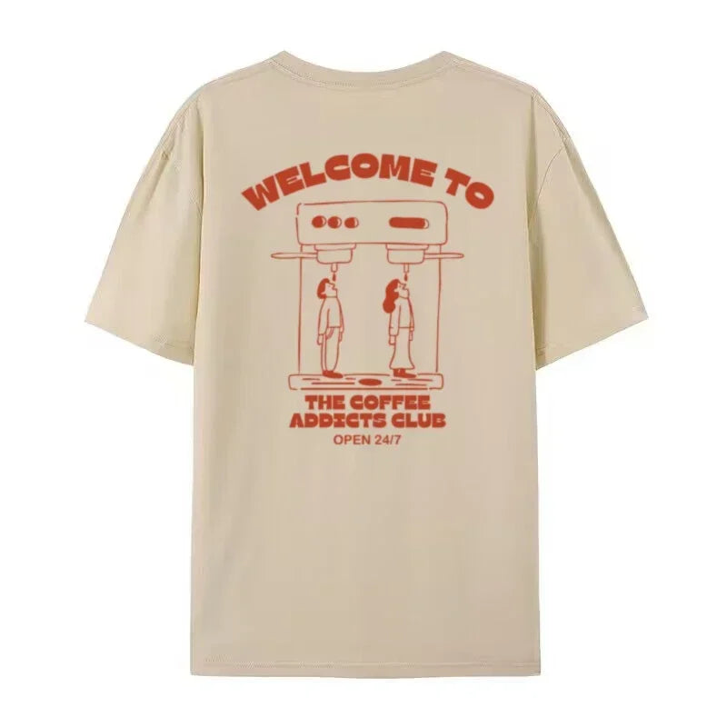 Coffee Addicts Club Graphic T-Shirt for Women Retro Streetwear Barista Tee Unisex Hippie Style Funny Coffee Lover Top