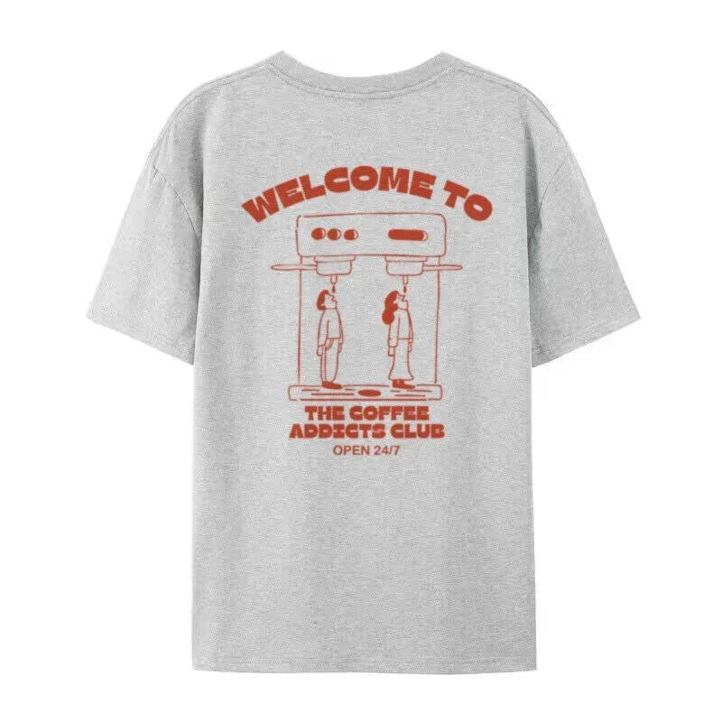 Coffee Addicts Club Graphic T-Shirt for Women Retro Streetwear Barista Tee Unisex Hippie Style Funny Coffee Lover Top