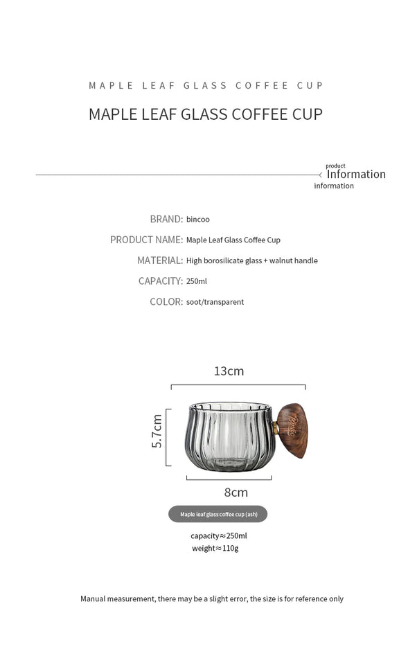 Bincoo 250ml Milk Coffee Cup with Walnut Handle, Transparent Glass Cup, Italian Espresso Latte Cup, Breakfast Oatmeal  cup
