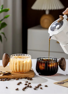 Bincoo 250ml Milk Coffee Cup with Walnut Handle, Transparent Glass Cup, Italian Espresso Latte Cup, Breakfast Oatmeal  cup